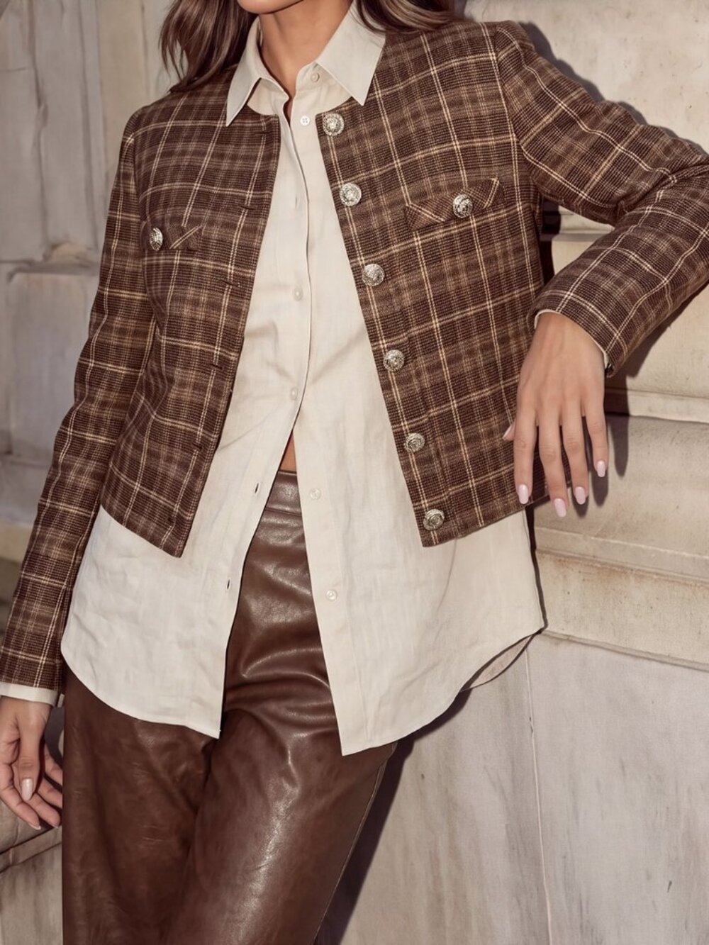 Brown Elegant Women's Regular Fit Tie Dye Long Sleeve Short Cropped Jacket - Picture 8 of 8